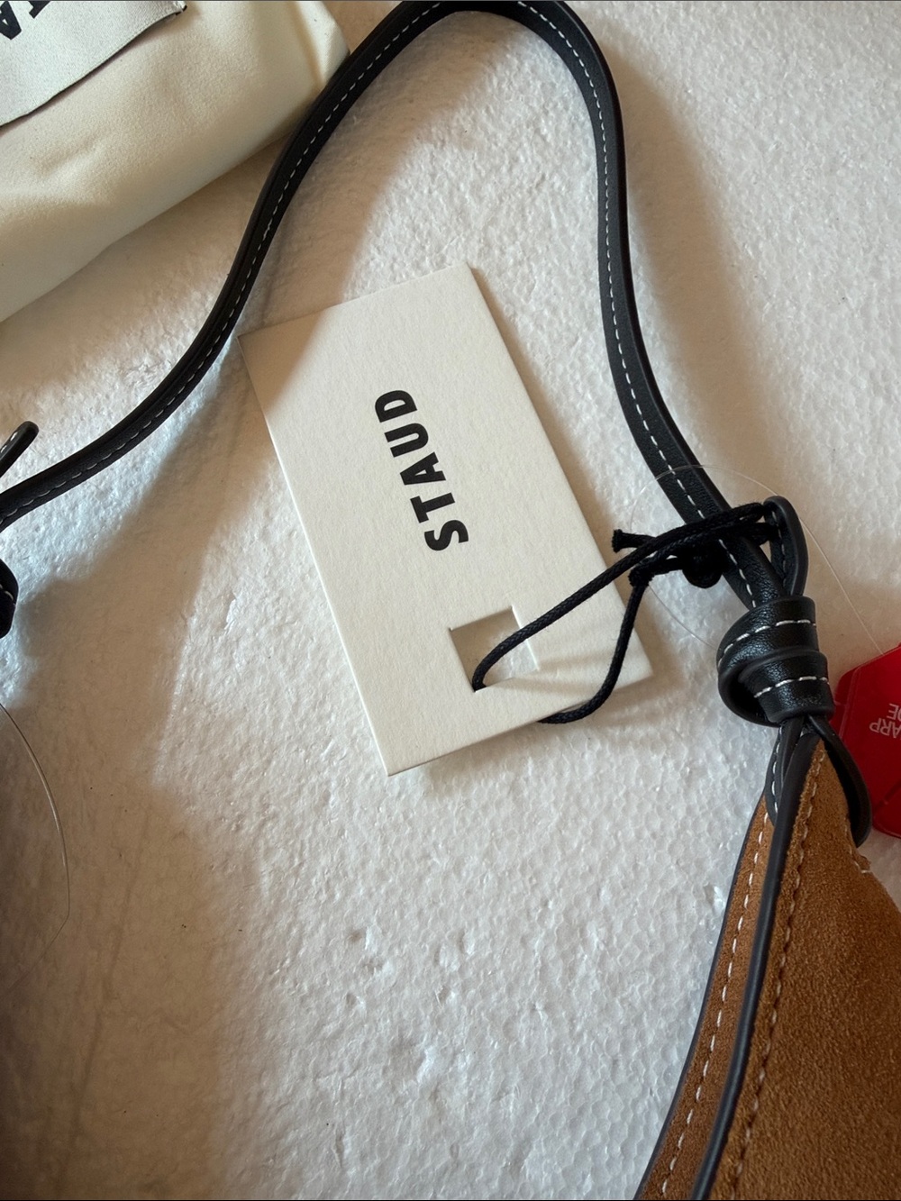 NWT STAUD Brown Suede Shoulder Bag with Black Handle with dust bag - Picture 2 of 6